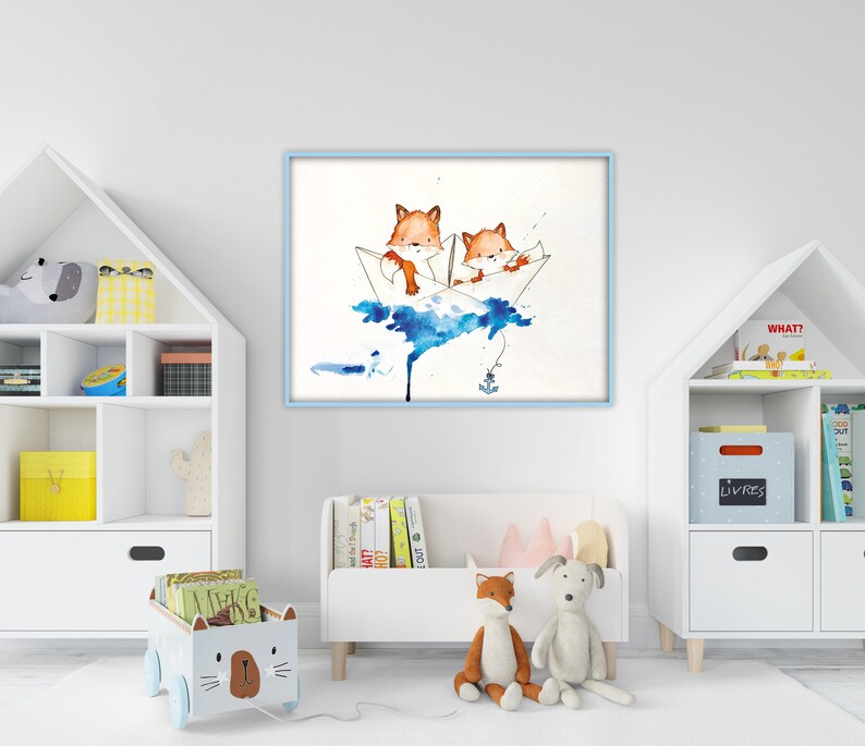 May include: Two watercolor foxes in a blue paper boat on a white background. The foxes are smiling and have orange fur. The boat is made of paper and has a blue and white design. The background is white with blue watercolor splatters.