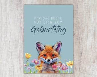 Karte Fuchs "Nur das Beste für Dich zum Geburtstag" mit Blumen, A6