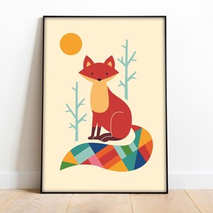 Poster "Regnbågsräv" | Modern djurillustration | Räv med färgglad svans | Retrokonst | Modern väggkonst | Digital nedladdning