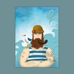 Karte Kapitän „Hank“ mit Möwe „Piet“, A6, maritime Postkarte, Meer Bild, Geschenk