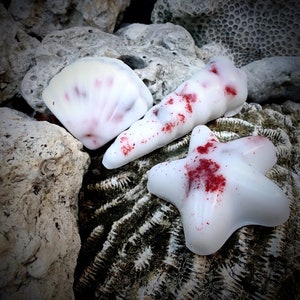 May include: Three white wax melts shaped like a seashell, a starfish, and a cone. The wax melts are decorated with red glitter.