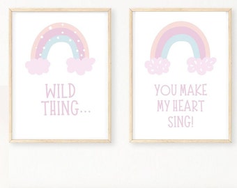 Pink Rainbow Cute Nursery Wall Decor Digital Print Wild thing you make my heart sing Rainbow Set of two Instant Download