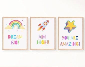 Amazing Colourful Children's Motivational digital download wall decor! Dream Big, Aim High, You are amazing!