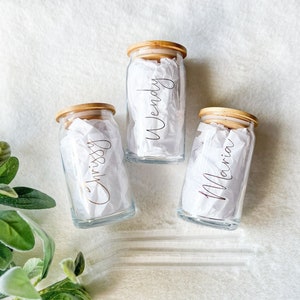Bridesmaid Proposal, Personalized Iced Coffee Cup, Bridesmaid Gift, Glass Can with Straw, Bamboo Lid, Customized Glass Tumbler, 16 oz Glass