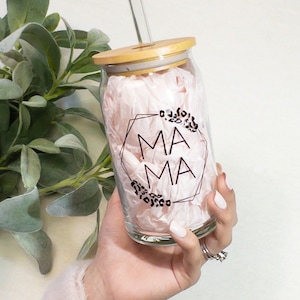 Mama Leopard Iced Coffee Cup, Mother&#39;s Day gift, New Mom Gift ,Glass Cup with Lid and Straw, Birthday, Iced Coffee Cup, 16 oz Glass Can.