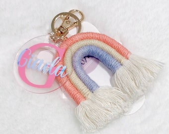 Mini Rainbow Keychain, Baby Shower party favor Rainbow Keychain, Personalized Keychain, Macrame Rainbow, Tassel Keychain, Acrylic Keychain.