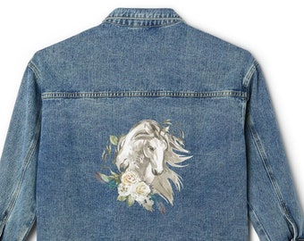 Belle veste en jean pour femme à motif floral et cheval, veste en jean bleue, veste en jean avec motif, vêtements pour femmes, veste en jean tendance