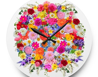 Bellissimo orologio da parete in acrilico con bouquet di fiori, orologio da parete rotondo, orologio da giardino floreale, regalo per la casa, regalo per lei, orologio da ufficio, arredamento per la casa alla moda