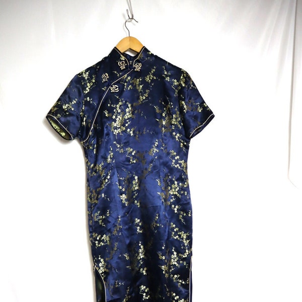 Vintage 90s Navy Blue Silk Qipao Dress - Size S
