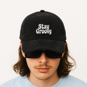 70s Stay Groovy Cap – Corduroy Embroidered Dad Hat – Vintage Style Adjustable Baseball Cap