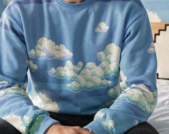 Frutiger Aero Cloud Sweatshirt | All-Over Print Pixel Art Crewneck | Dreamcore Pullover | Y2K Streetwear