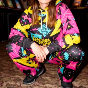 Retro 90s Neon Tracksuit Set | Memphis Pattern Crop Hoodie & Sweatpants | 80s Festival Dance Outfit