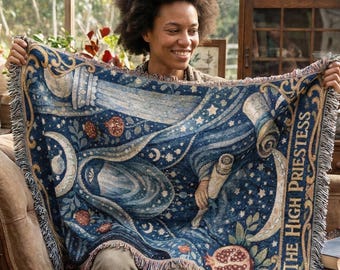 The High Priestess Woven Tapestry Blanket | Mystical Tarot Card Throw | Witchy Altar Decor Celestial Gift
