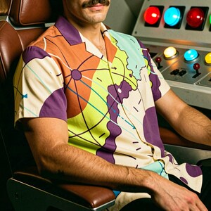 Retro Space Age Button Up Shirt Mid Century Modern Abstract Funky Mens Top