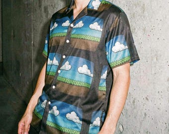 Retro 8-Bit Gamer Button-Down, Pixel Art Landschaft Shirt, Weirdcore CRT TV Sommer Kleidung