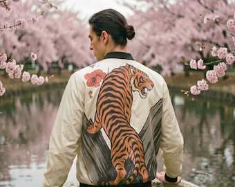 Giubbotto bomber con stampa tigre sul dorso / Streetwear con stampa tatuaggio giapponese / Giacca grafica leggera unisex AI25