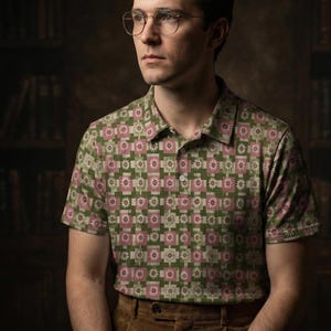 Retro 70s Polo Shirt | Vintage Wallpaper Print | Olive & Pink Checkerboard | Grandpacore Golf Top