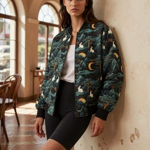 Celestial Rabbit Moon Bomber Jacket | Japanese Style Sukajan Coat | Midnight Teal & Gold Mountain Print