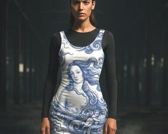 Botticelli Strapless Dress - Sheath Birth of Venus Print Sheath With  Built-in Bra