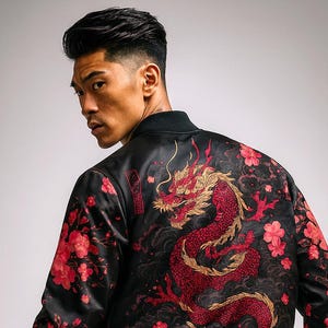 Op de afbeelding: Zwarte bomberjack met een rood en goudkleurig drakenontwerp op de rug, aangevuld met rode bloemaccenten. De jas wordt gecombineerd met een zwarte jeans met bijpassende bloemdetails, wat een samenhangende en stijlvolle outfit creëert.
