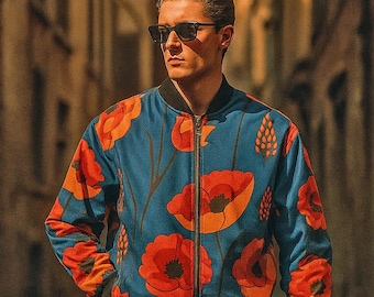 Bomberjack met klaproosprint: retro bloemenprint streetwear | Kleurrijke winterjas