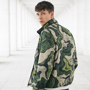 Sage Green Liquid Swirl Puffer Jacket - Abstract Marble Streetwear - Psychedelic Wavy Coat - Y2K Rave