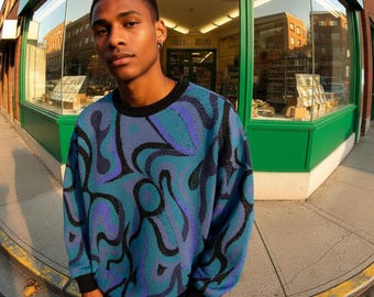 Abstract Drip Knit Sweater: Jacquard Woven Blue Purple Psychedelic Pullover