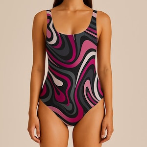 Retro Psychedelic One Piece Swimsuit – Funky 70s Festival Swimwear, Bold Abstract Print Bathing Suit for Women