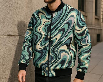 Psychedelic Bomber Jacket – 70s Retro Swirl Zip-Up, Unisex Streetwear Layer, Trippy Vintage Jacket