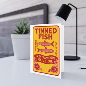 Tinned Fish Greeting Card – Retro Food Label Card for Foodies, Minimalist Kitchen Art, Blank Inside Host Gift or Birthday