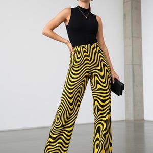 Psychedelic Silk Wide-Leg Pants | Yellow Black Swirl Print | High-Waisted Statement Trousers | Unisex Art Fashion