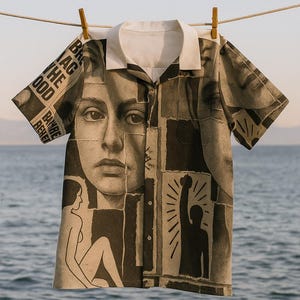 Newspaper Collage Graphic Button-Up Shirt: Avant Garde Photomontage Streetwear