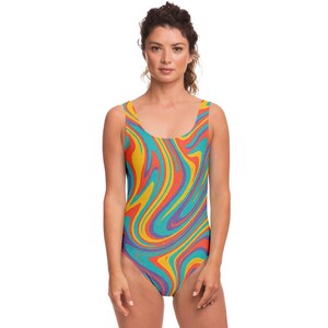 Psychedelic Swirl One Piece Swimsuit - Rainbow Marble Print - Retro Groovy Swimwear - Festival Pool Party - Bold Statement Bathing Suit