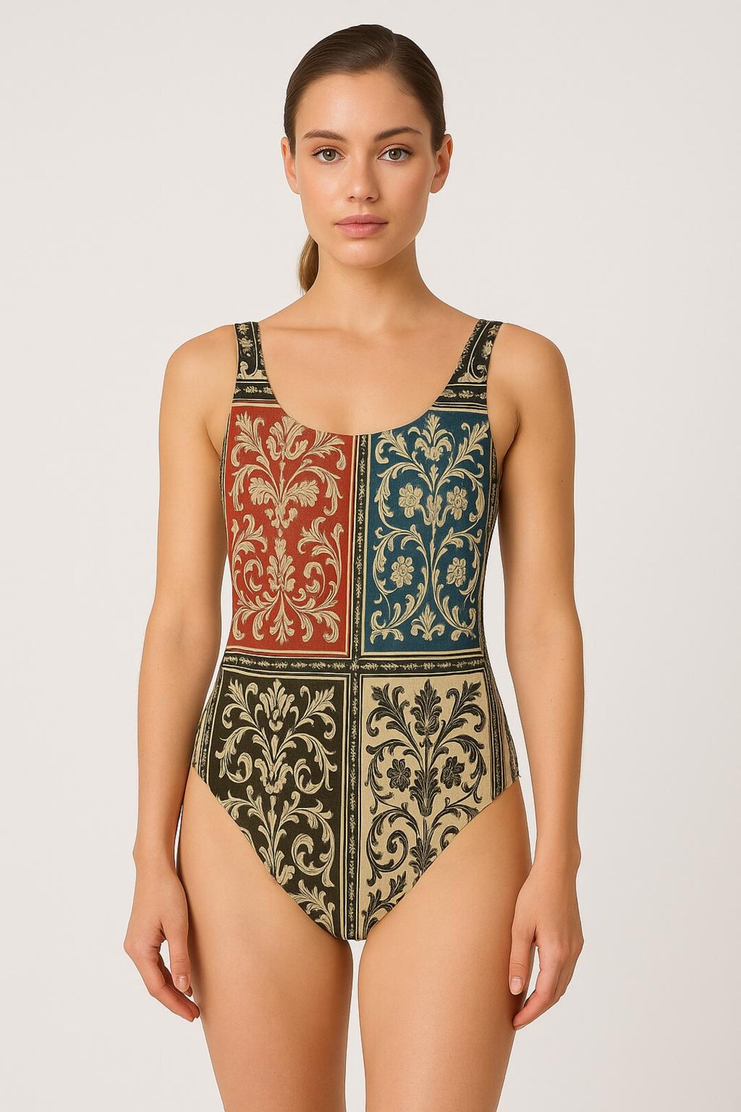 Cross-Back One-Piece Swimsuit - Vintage Floral Tile main image 1
