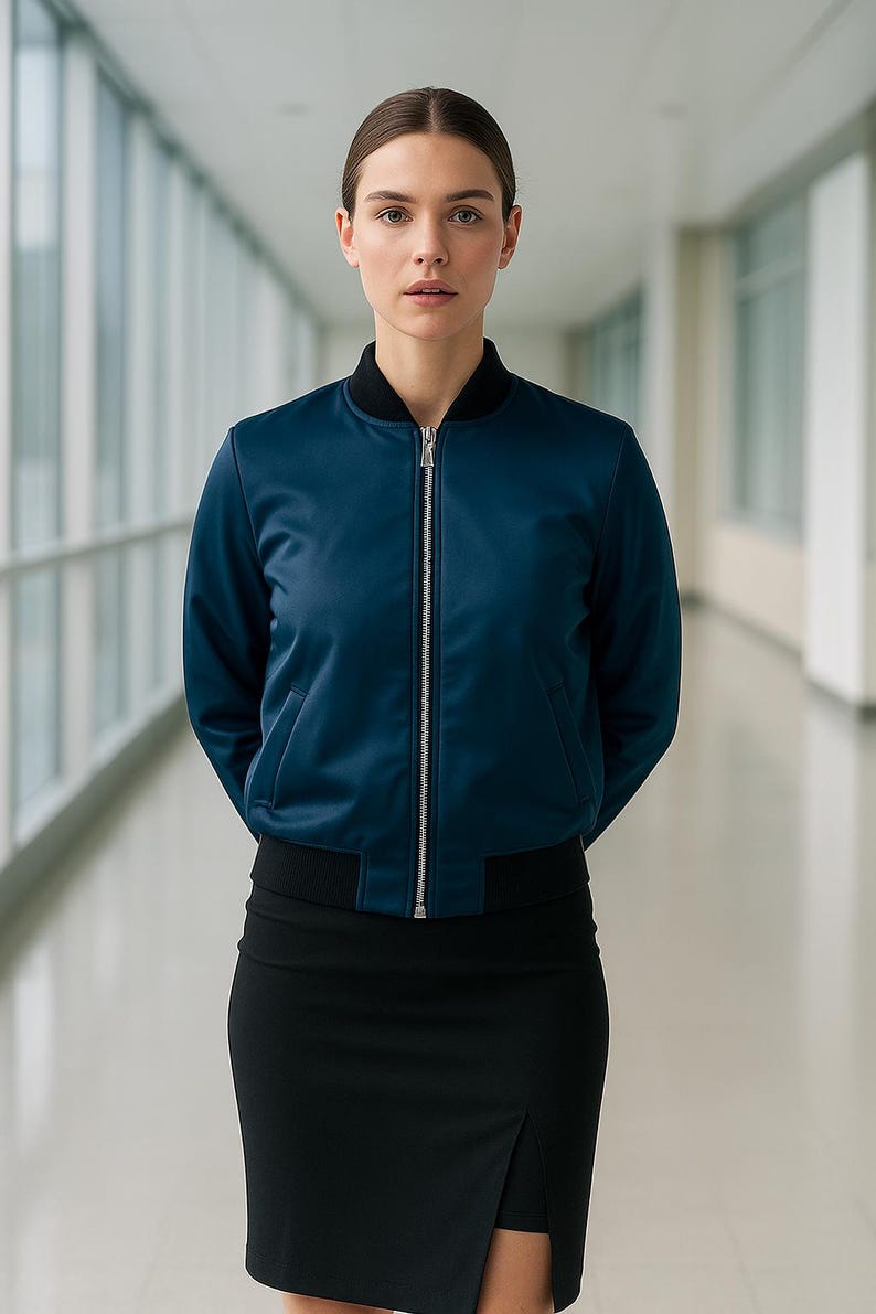 May include: A navy blue bomber jacket with a black collar and cuffs, featuring a silver zipper. The jacket is paired with a black skirt. The woman is standing in a hallway with large windows.
