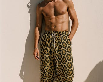 Unisex Leopard Print Lounge Pants – Retro Y2K Animal Print Trousers, Bold Streetwear Look, Funky Beach Pants, Indie Festival Outfit