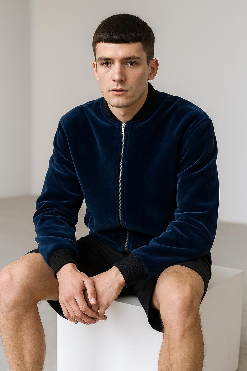 May include: A navy blue velvet bomber jacket with a silver zipper and black ribbed cuffs. The jacket is paired with black shorts. The model is sitting on a white cube.