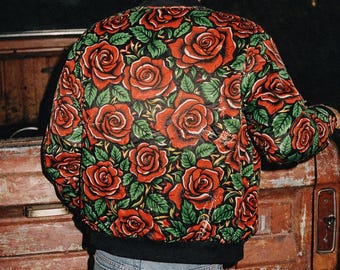 Floral Print Lightweight Bomber Jacket – Vintage Rose Flash Art – Americana Streetwear