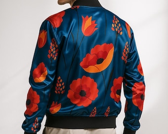 Reversible Silk Bomber Jacket: Vintage Rose & Poppy Floral Print, Unisex Artwear