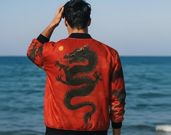 Red Dragon Bomber Jacket - Japanese Souvenir Black Clouds | Sukajan Style