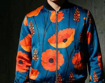 Bomberjack heren met botanische print – barokke bloemenzijdekunst – luxe tuin