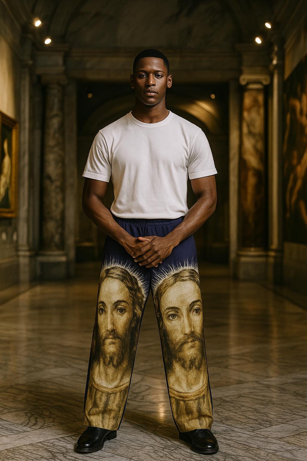Baroque Art Pants – Jesus Portrait Graphic Trousers, Gallery-Core Statement Streetwear, Avant-Garde Art Print Pants, Conceptual Fashion