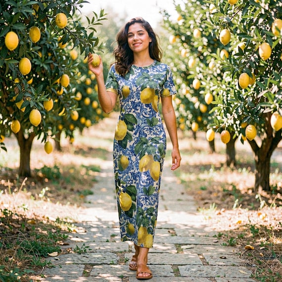 Positano Lemon Print Maxi Dress, Mediterranean Blue Tile Summer T-shirt Dress, Amalfi Coast - Etsy Israel Positano Lemon Print Maxi Dress, Mediterranean Blue Tile Summer T-shirt Dress, Amalfi Coast - Etsy Israel