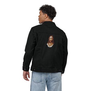 Handmade Black Denim Jacket with Embroidered Jesus Portrait – Religious Statement Jacket