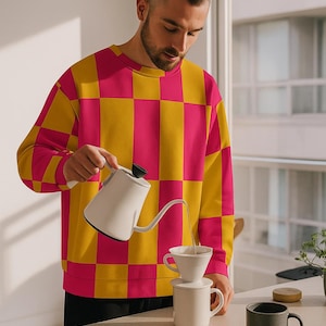 Retro Checkerboard Sweatshirt: Pink & Yellow Y2K Pullover