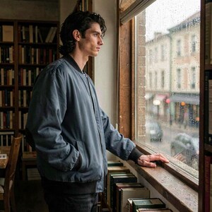 May include: A blue bomber jacket with a black collar and cuffs. The jacket has a zipper closure and two front pockets. The person is standing near a window with a view of a street and buildings.