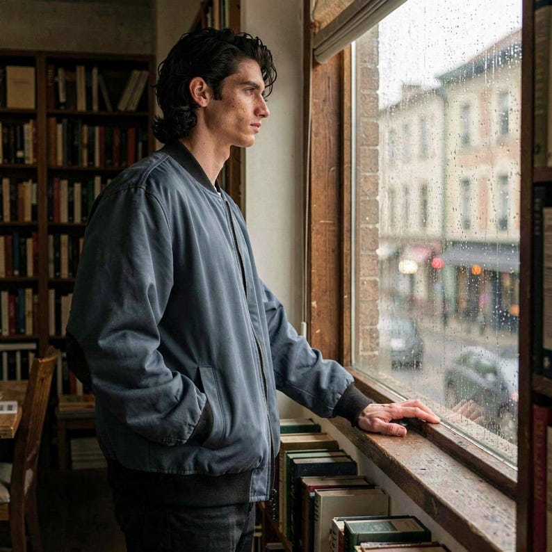 May include: A blue bomber jacket with a black collar and cuffs. The jacket has a zipper closure and two front pockets. The person is standing near a window with a view of a street and buildings.