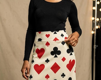 Gonna a tromba Regina di Cuori, abito lungo con motivo carte da gioco, pantaloni corti Wonderland Casino Core