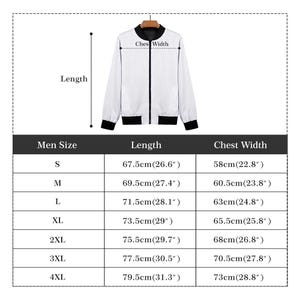 May include: White bomber jacket with black trim and a black collar. The image includes a size chart with measurements in inches and centimeters for chest width and jacket length, ranging from size S to 4XL.