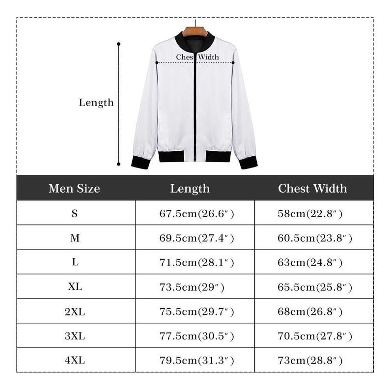 May include: White bomber jacket with black trim and a black collar. The image includes a size chart with measurements in inches and centimeters for chest width and jacket length, ranging from size S to 4XL.